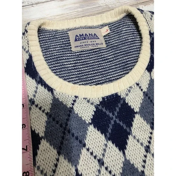 Amana Woolen Mills Blue Argyle Sweater Vest and Cardigan Set Mens Large Vintage